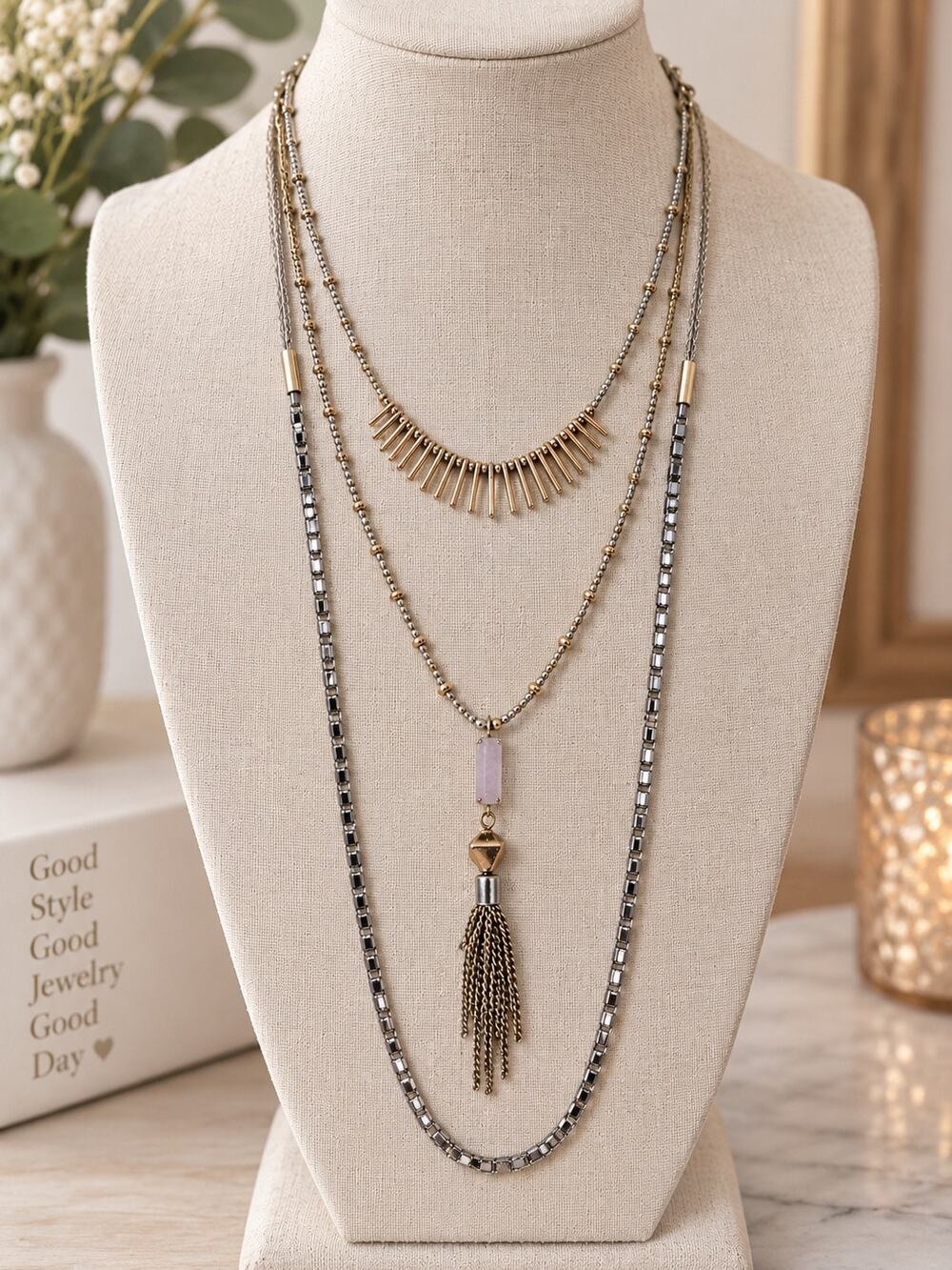 Stella & Dot Statement Necklace Gold Silver Tone 3 Layer Multi Chain Boho